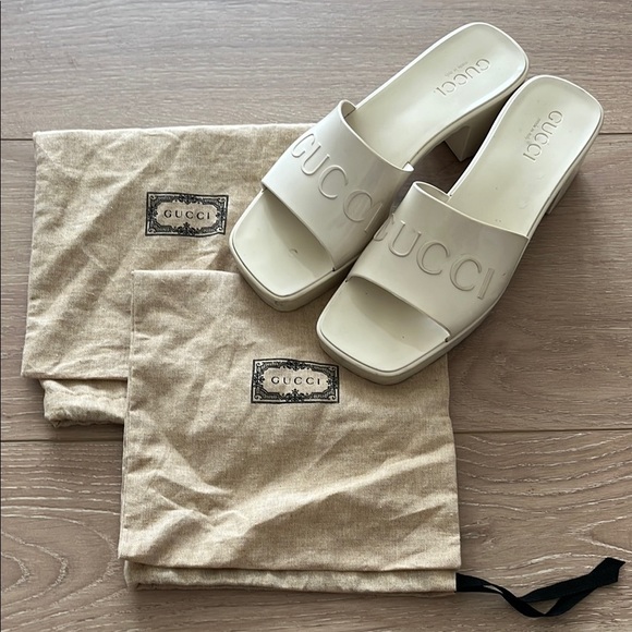 Gucci Shoes - Gucci Women's Cream Logo Block Heel Slide Sandals
